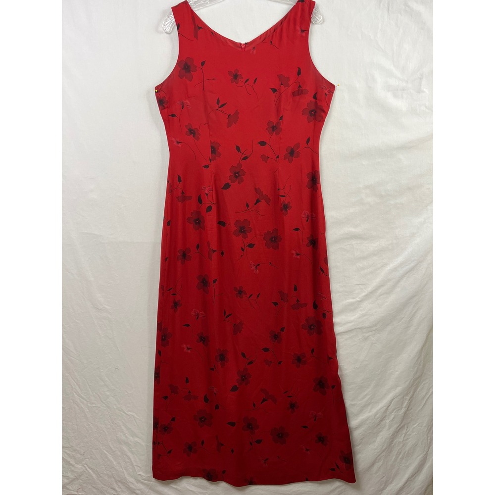 Harold's Maxi Dress Women 10 Red Black Silk Floral V-Neck Sleeveless Zip Back